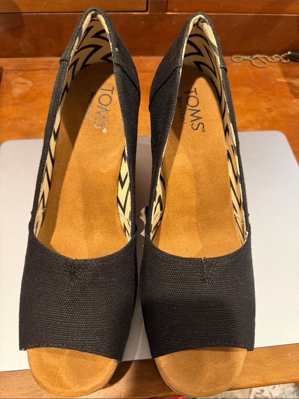 TOMS Black Canvas Peep-Toe Wedge Pumps